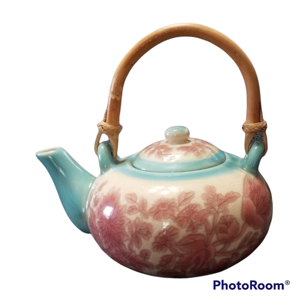 Vintage Pier 1 Imports Ceramic Teapot Pink & Blue W Removable Bamboo Handle